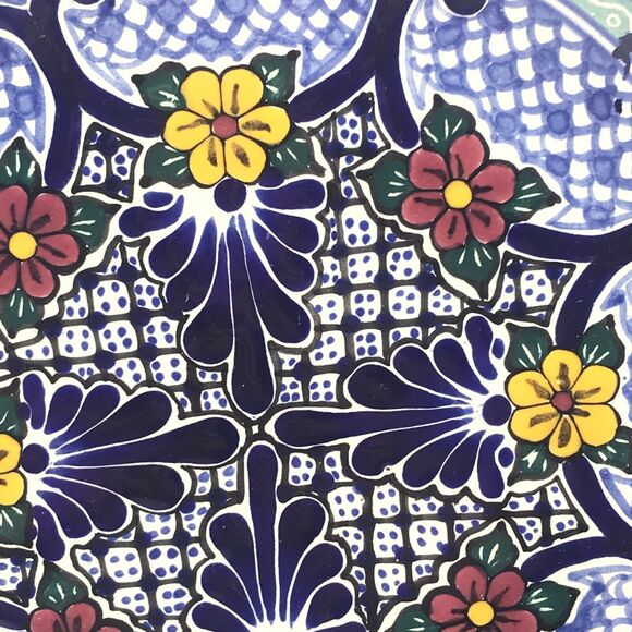 Talavera Pottery Mexican Hand Painted Plate Dish Blue Geo Floral Vintage Signed - Picture 2 of 10